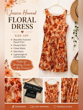 Jessica Howard Floral Dress 10P Petite Orange Fall Wedding Guest Fit Flared